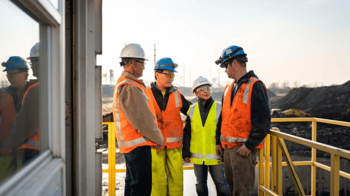 four people in high vis jackets standing on a contruction site