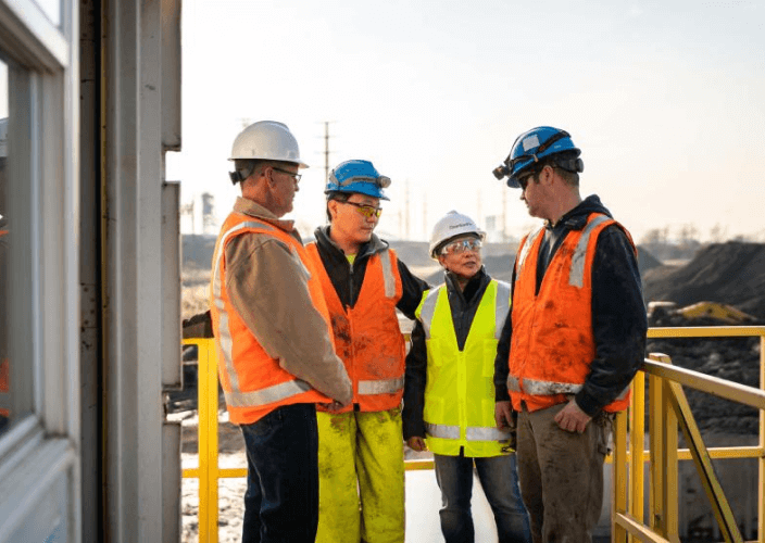 four people in high vis jackets standing on a contruction site